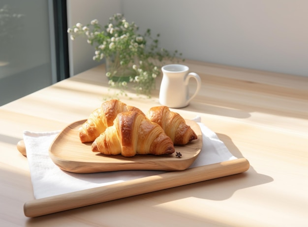 Arrière-plan de petit déjeuner léger avec des croissants