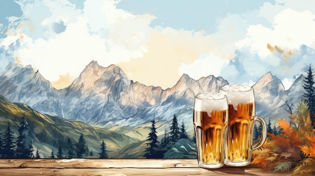 arrière-plan pittoresque avec des jardins de bière et des montagnes alpines pour l'Oktoberfest