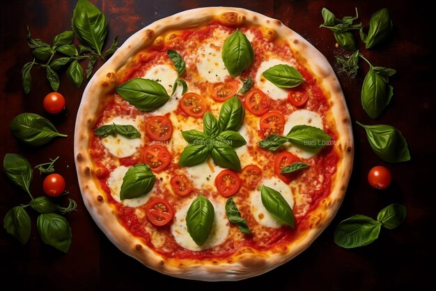 Photo arrière-plan d'une pizza margarita juteuse avec beaucoup de fromage et de basilic frais vue de haut