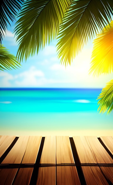 Photo arrière-plan de plage tropicale avec une passerelle en bois et des palmiers.
