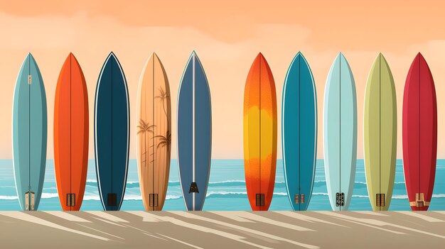 Arrière-plan de planche de surf rétro avec des planches colorées créées par ai