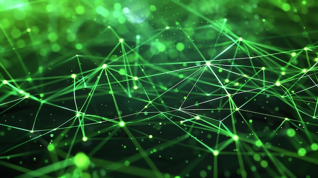 Arrière-plan plexus vert élégant avec des particules lumineuses Structure plexus avec de nombreux points et lignes lumineux Concept technologique futuriste