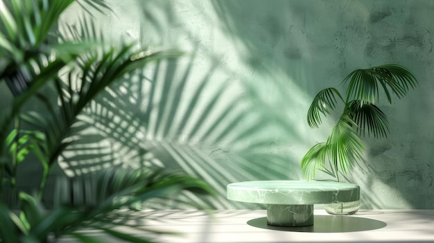 L'arrière-plan d'un podium avec des ombres de feuilles tropicales ondulées et un mur de verre texturé en 3D est vert avec des ombres de feuilles tropical