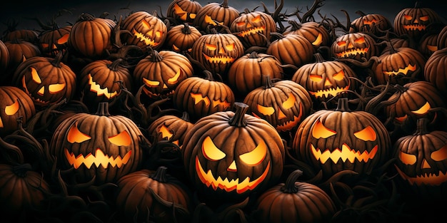 arrière-plan pour une carte de voeux festive d'Halloween avec un groupe de citrouilles effrayantes la nuit