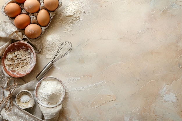 Arrière-plan pour la cuisson des œufs en farine sur un fond beige clair pastel