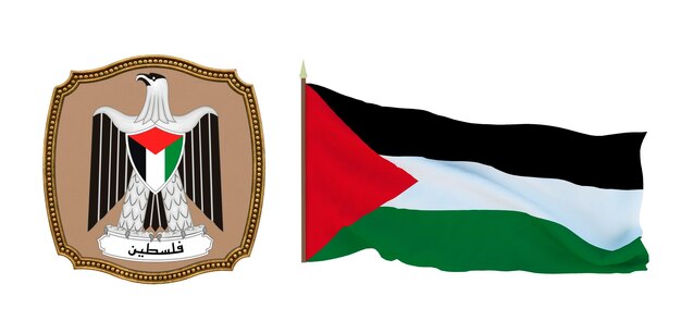 Arrière-plan pour les éditeurs et les concepteurs Illustration 3D de la fête nationale Drapeau et armoiries de la Palestine