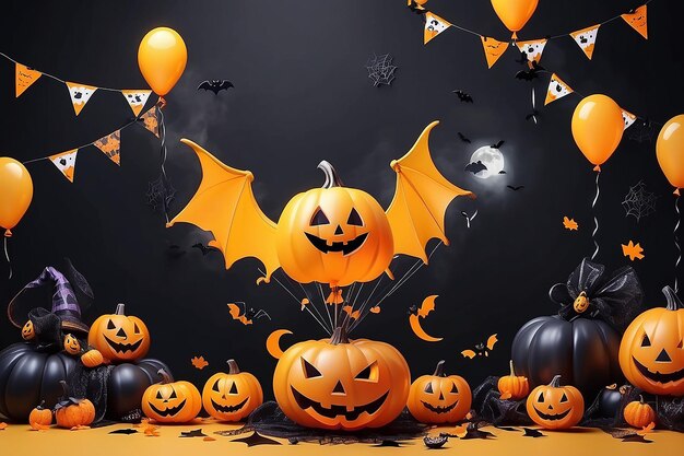 Photo arrière-plan pour halloween avec des ballons fantômes d'halloween et des ballons d'air pumpkinscarybatcandy et halloween éléments sur fond jaunewebsite effrayant