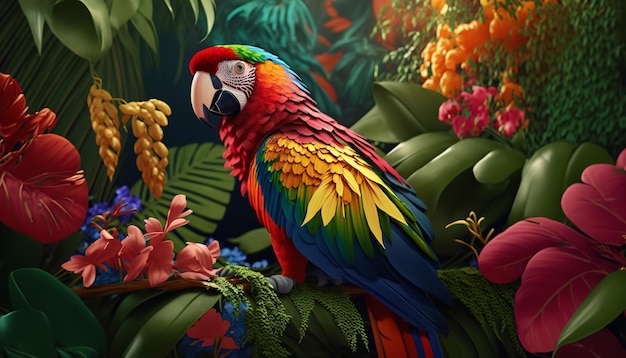 Arrière-plan pour papier peint tropical, y compris la flore et les oiseaux Excellent fond d'écran pc avec une superbe toile de fond abstraite Generative Ai