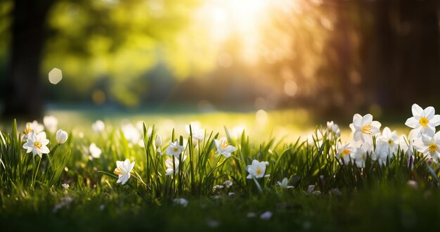 Arrière-plan printanier avec de l'herbe et des fleurs blanches dans la forêt sur un pré un jour ensoleillé sur un fond flou