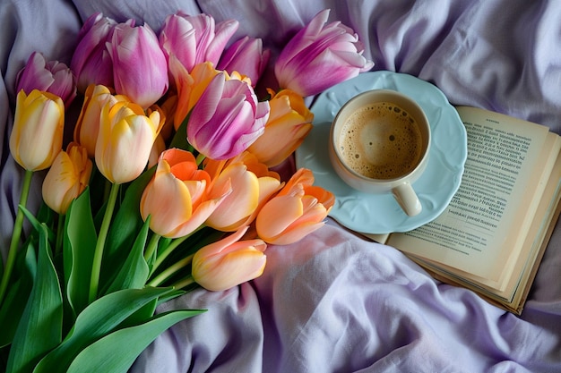 Arrière-plan de printemps avec un bouquet de tulipes une tasse de café et des livres dans un lit