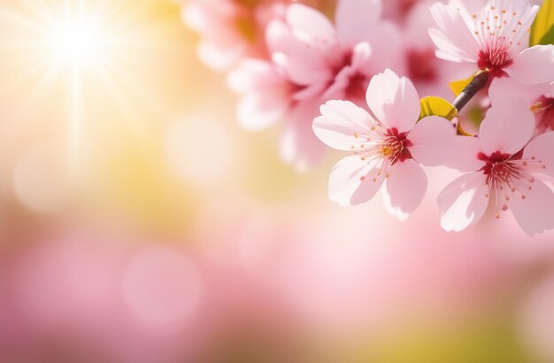 Arrière-plan de printemps avec des branches de fleurs de sakura roses Météo ensoleillée Copier le lieu Flour