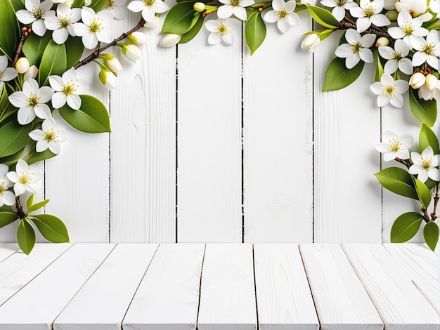 Arrière-plan de printemps avec des fleurs blanches et un sol en bois blanc sur la table