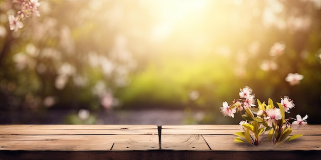 Arrière-plan de printemps flou avec la nature à l'extérieur et une table en bois