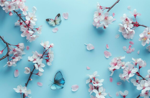 Arrière-plan de printemps avec des papillons de couleur bleu pastel et des fleurs de cerisier sur un fond bleu ciel clair Vue supérieure plate de la nature printanière cadre