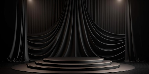 Arrière-plan de produit noir salle et podium se tiennent sur l'affichage de la scène de rideau sombre avec le dos en tissu de luxe