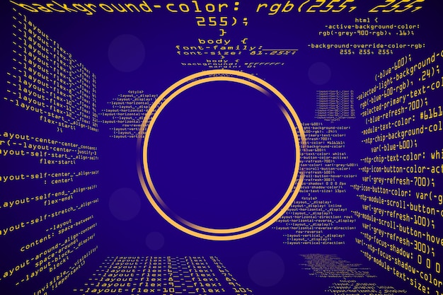 Arrière-plan de programmation de codage bleu brillant créatif avec cadre de maquette rond vierge Concept de données volumineuses et de code Rendu 3D