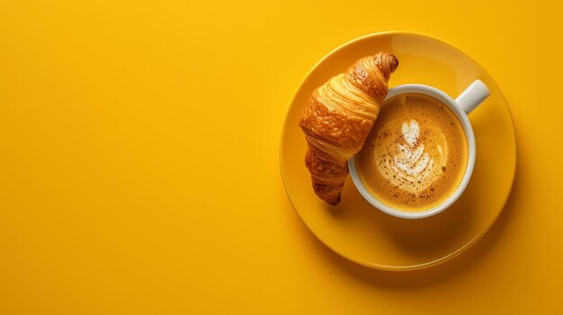 Photo arrière-plan de publicité vivante minimaliste avec espace de copie de café et de croissant