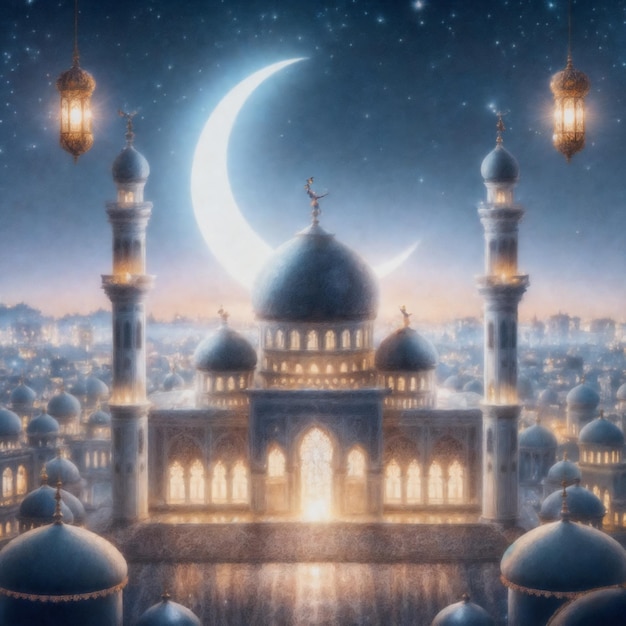Arrière-plan réaliste du ramadan avec mosquée, lune, étoiles, lanterne et bokeh