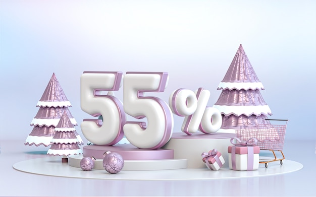 Arrière-plan de réduction de l'offre spéciale d'hiver de 55 pour cent pour le rendu 3d de l'affiche de promotion des médias sociaux