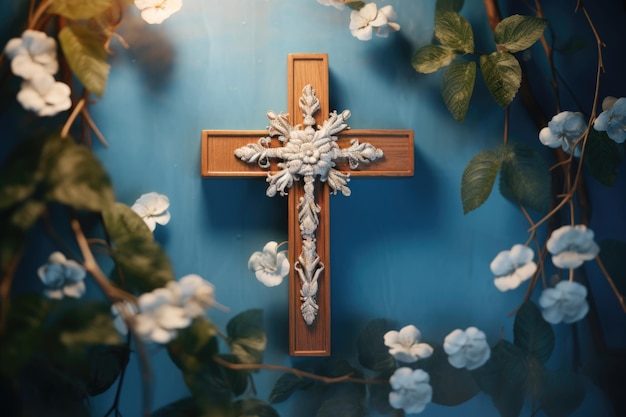 Arrière-plan religieux avec une croix en bois et des fleurs de printemps