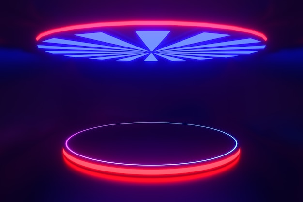 Arrière-plan de rendu 3D. Podium de cercle LED bleu rose reflétant avec la forme d'éventail de triangle lumineux supérieur sur fond sombre. Image pour la présentation.