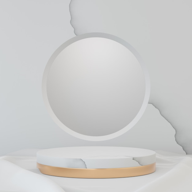 Arrière-plan de rendu 3D. Podium de scène de cylindre d'or en marbre blanc et décoration murale en cercle sur un sol en tissu blanc. Image pour la présentation.