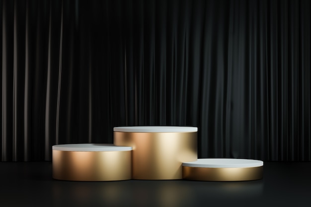 Arrière-plan de rendu 3D. Podium de scène à trois cylindres d'or sur fond de rideau noir. Image pour la présentation.