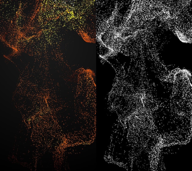 Arrière-plan de rendu 3D avec simulation de particules complexes. Particules fluides isolées.