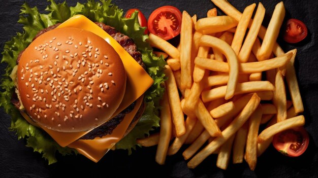 Arrière-plan de la restauration rapide Vue de haut des délicieux cheeseburgers avec frites et légumes frais