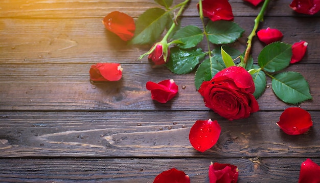 Arrière-plan romantique avec une rose rouge sur une table en bois