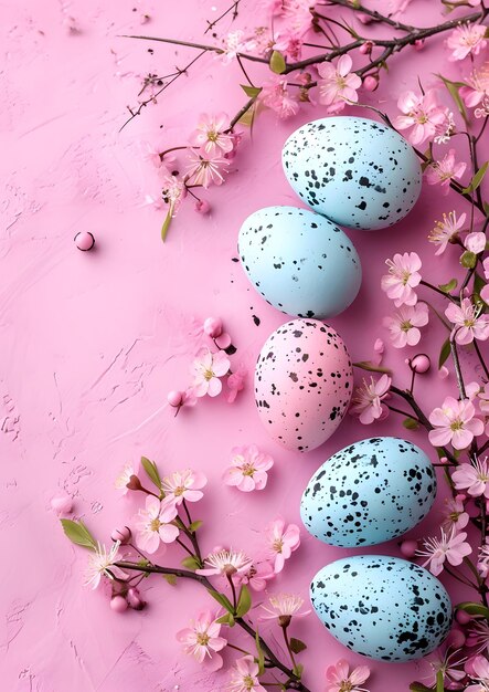 Arrière-plan rose avec des œufs bleus et roses et des marguerites AI générative
