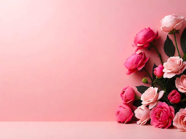 Arrière-plan rose plat avec espace de copie et fleurs IA générative