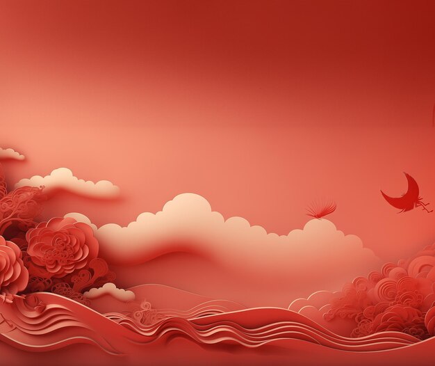 Arrière-plan rouge belle vue ciel rouge et nuage blanc et grand oiseau fleur GenerativeAI style chinois style découpage papier