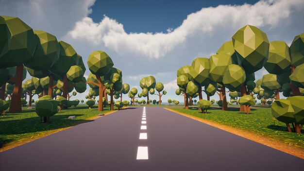 Arrière-plan d'une route sans véhicules et personnes avec un environnement naturel en rendu 3d low poly