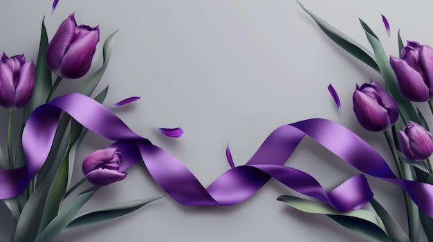 Arrière-plan avec un ruban violet et des fleurs de tulipes sur un fond en béton gris Célébration de la Journée internationale de la femme