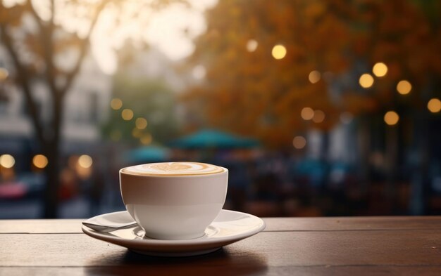 Arrière-plan de rue flou avec une tasse de café sur une table