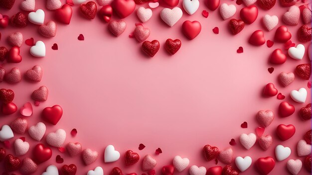 Photo arrière-plan de la saint-valentin avec des cœurs rouges et blancs sur fond rose