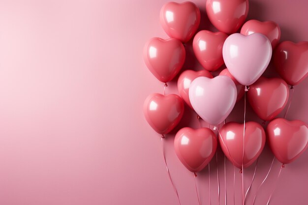 Photo arrière-plan de la saint-valentin avec des cœurs rouges et roses comme des ballons sur fond rose