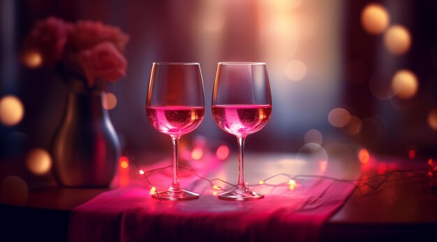 Arrière-plan de la Saint-Valentin avec des verres de champagne roses et roses