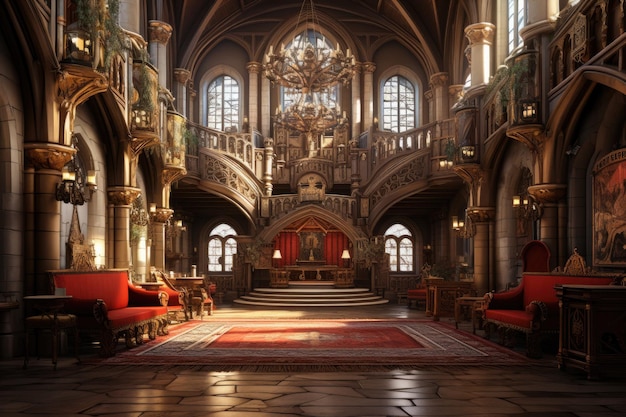 Arrière-plan de la salle du château vide avec espace de copie AI générative