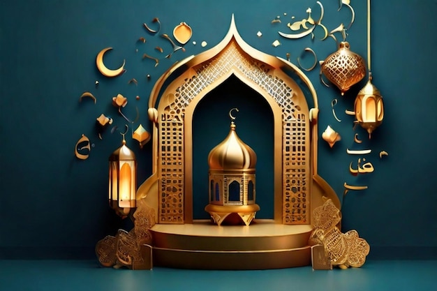 Arrière-plan de salut islamique du Ramadan Kareem avec le podium de la lanterne d'or de la mosquée 3D et les ornements du croissant