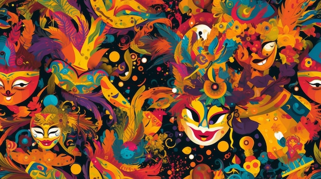 Arrière-plan sans couture inspiré de l'esthétique vibrante et animée des célébrations de carnaval avec des masques, des confettis et des festivités