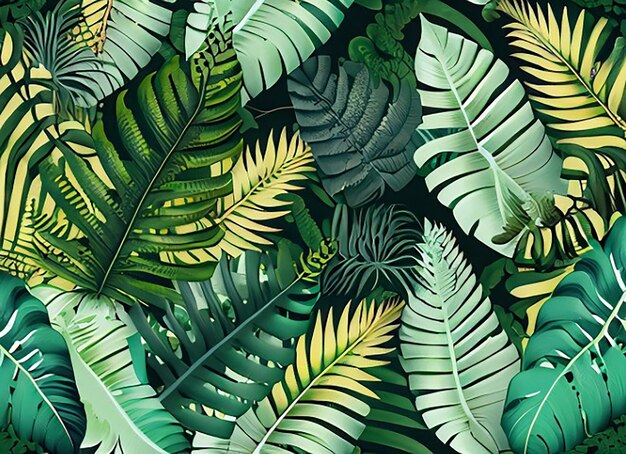 Arrière-plan sans couture avec un mélange de feuillage vert luxuriant comprenant des fougères, des feuilles de palmier et des feuilles tropicales de monstera