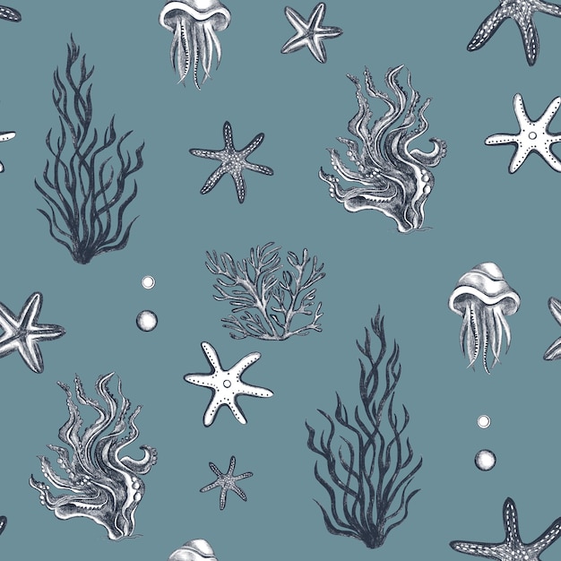 Arrière-plan sans couture sous-marin étoile de mer natation croquis de méduse corallienne modèle de vie marine sous-marine