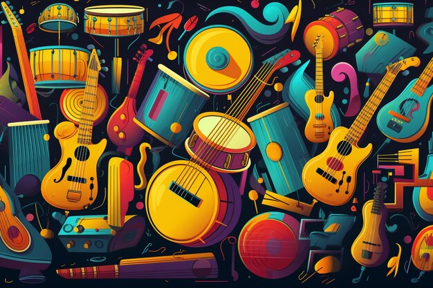 Arrière-plan sans couture vectoriel avec différents instruments musicaux de dessins animés les couleurs de l'art de la musique sont sur les groupes séparés