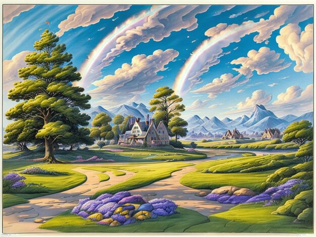Arrière-plan d'une scène de parc naturel avec un arc-en-ciel dans le ciel