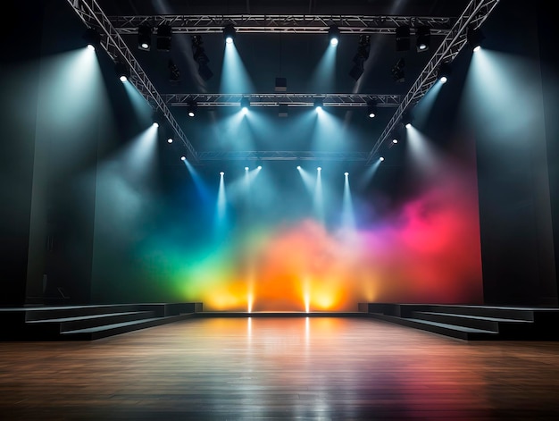 Arrière-plan de scène vide moderne avec de la fumée colorée et des projecteurs de plafond maquette IA générative
