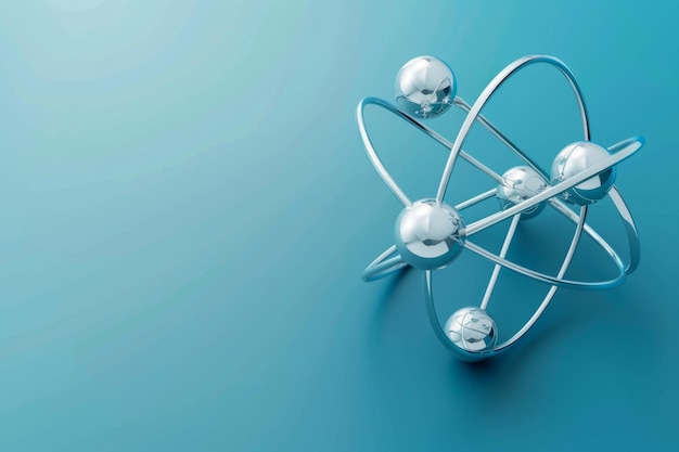 Photo arrière-plan scientifique abstrait avec structure atomique argentée sur fond bleu