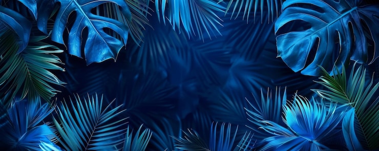 Photo arrière-plan sombre abstrait avec des feuilles tropicales au néon bleu et un espace de copie