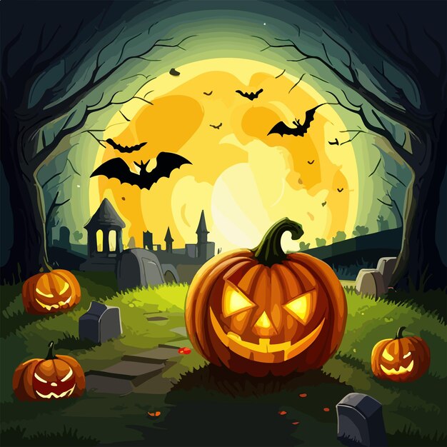 Arrière-plan sombre et effrayant d'Halloween Pumpkins pierres tombales et chauves-souris en arrière-plan